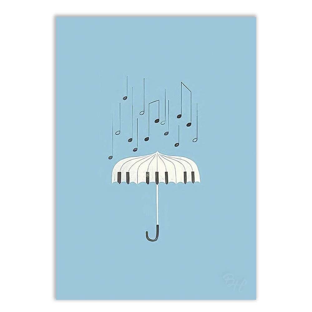 Placa Decorativa A4 Ilustracao Piano Guarda Chuva Musica