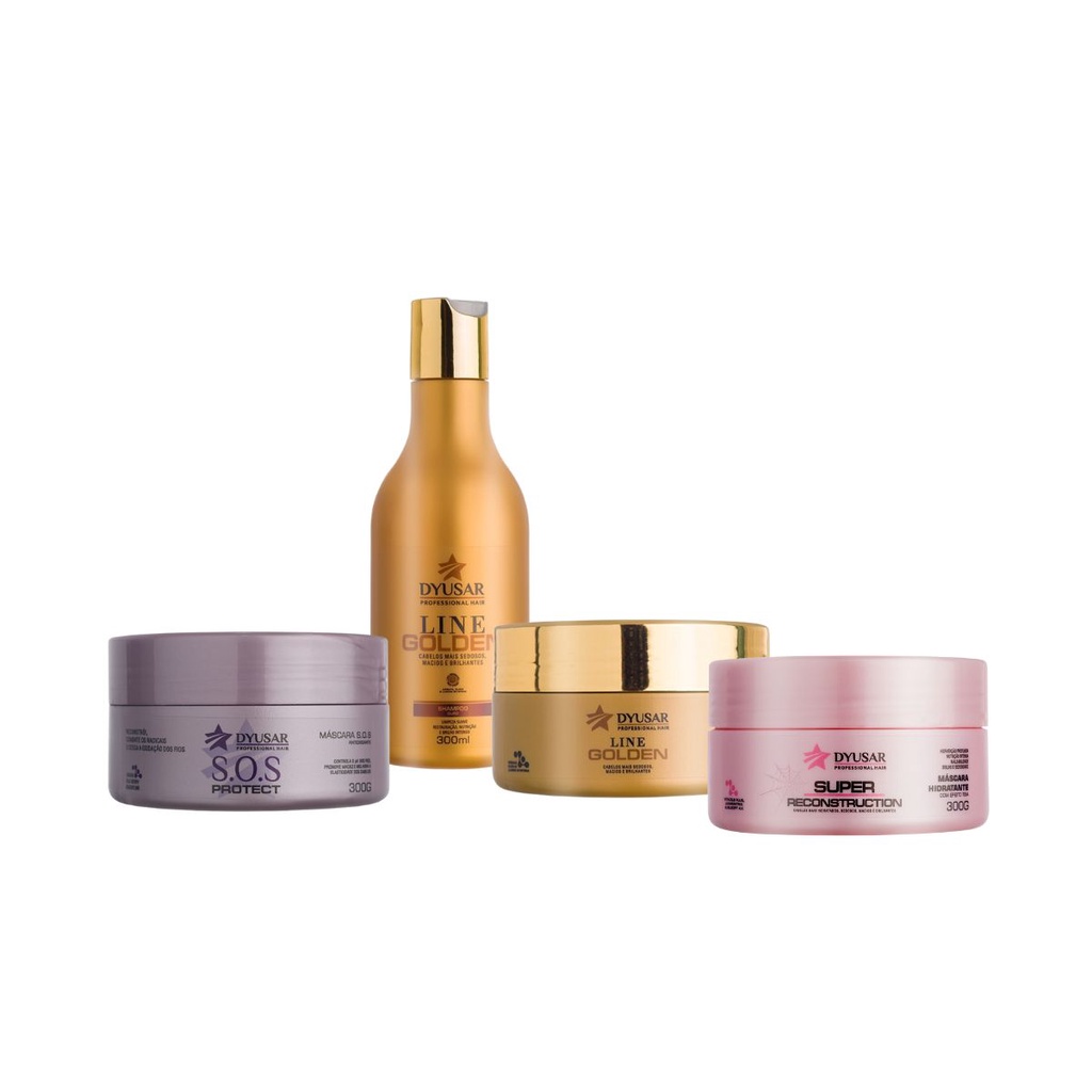 Kit Com Shampoo Line Golden 300ml +  Máscara Super 300g +  Máscara SOS 300g + Máscara Ouro 300g