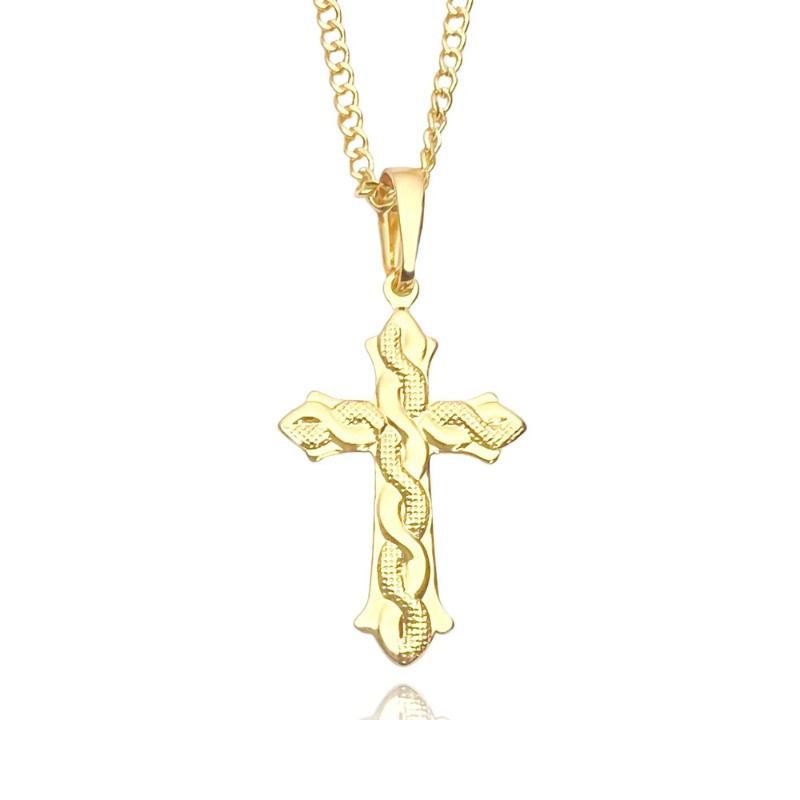 Cordão Fino de Ouro 24k 60 e 70cm Com Cruz Serpenteada Banhada a Ouro 24k