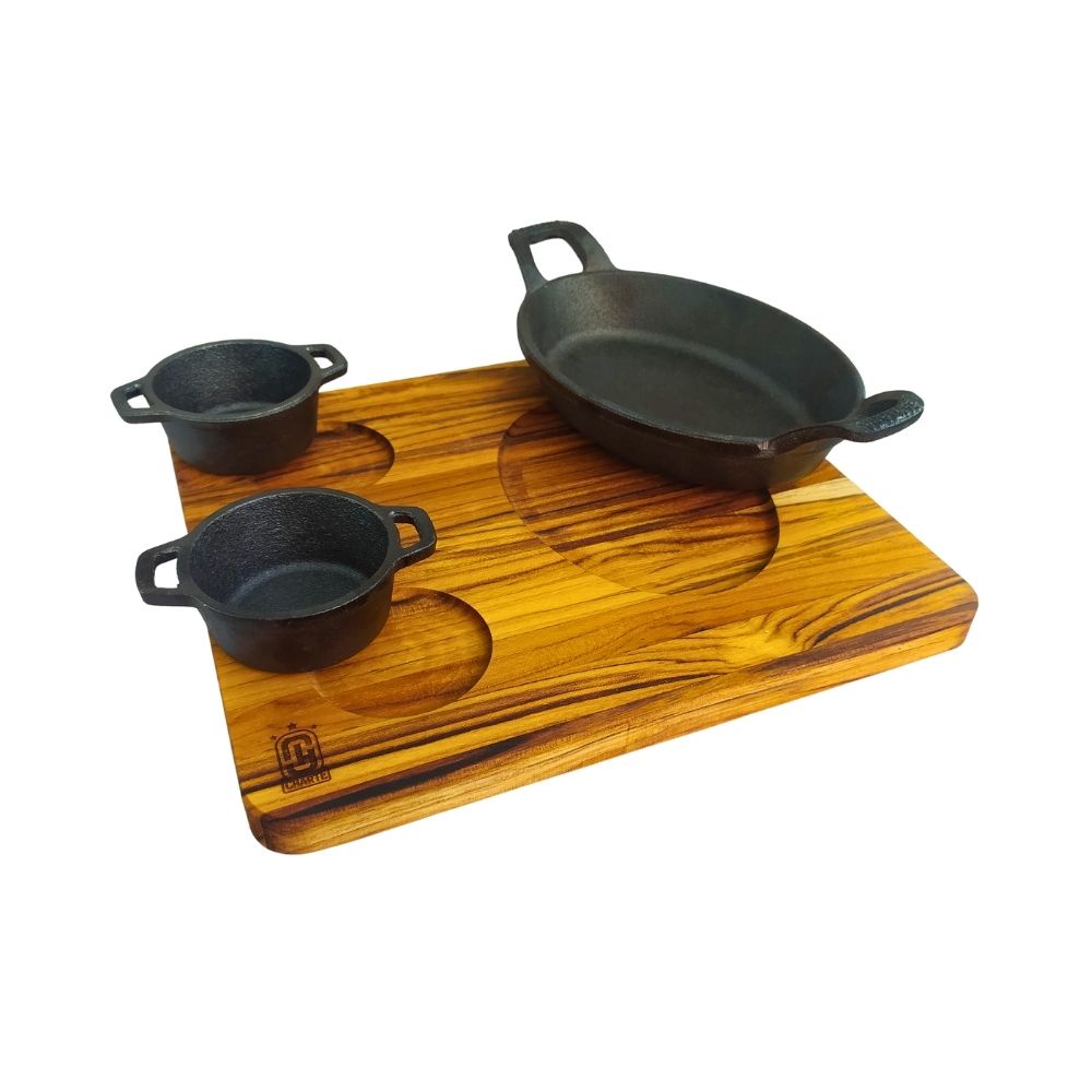 Kit Assadeira Ferro Fundido com Molheira e Tábua de Madeira Conjunto Forma Cumbuca Travessa Servir