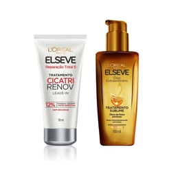 Kit Leave-in Tratamento Cicatri Renov 50ml + Óleo Extraordinario Cabelos Elseve Loreal Paris 100ml Restaurador Capilar