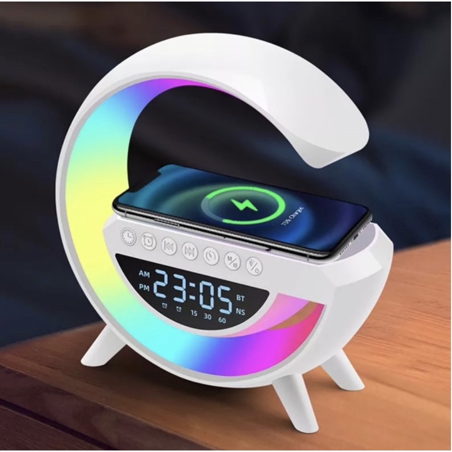 Luminaria G-Speaker Smart Rádio Carregador sem fio Wireless Relógio Auto falante Despertador Alarme Timer Luminária RGB Bluetooth