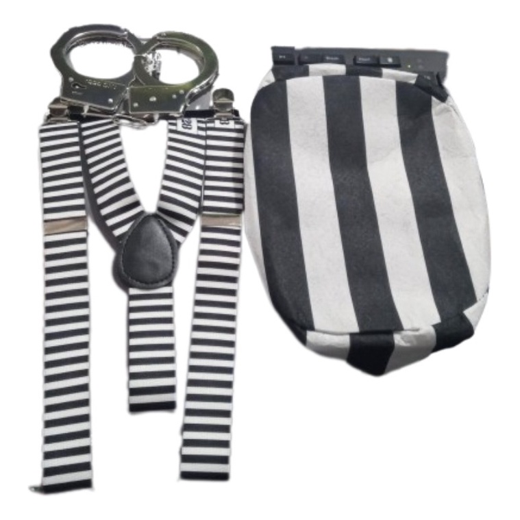Kit Fantasia Presidiário Suspensório + Algema + Boina