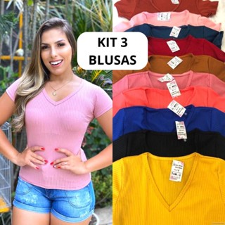Kit 3 Blusas Blusinha Feminina Canelada Gola V Manga Curta