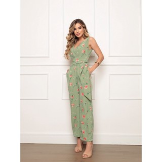 Macação Feminino Longo Estampado Floral Despojado Com Detalhe Em V NO Busto Transpassado Sem Manga - Faixa De Amarração Na Cintura Bolsos Elegantes Corte Reto E Sofisticado O Melhor Da Moda Primavera/verão.