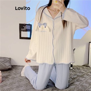 Lovito Casual Conjunto de Pijama Feminino com Estampa de Desenho Laço e Costura Contrastante LNA24151 (Rosa/Azul)