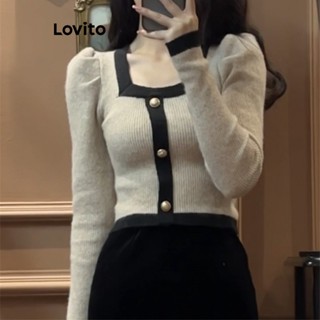 Lovito Top de Malha com Botões Frontais Simples Casual para Mulheres LNE35265 (Caqui)