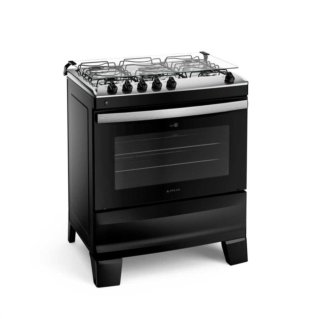 Fogão 5 Bocas Preto com Mesa Inox Atlas Agile Up Bivolt