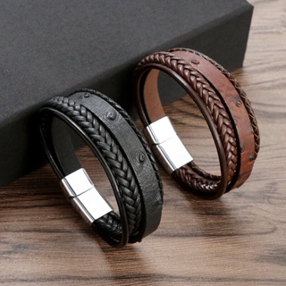 Vintage Fashion PU Leather Woven Multilayer Black Brown Men's Bracelet Acessórios Para Jóias De Festa em Oferta na Shopee
