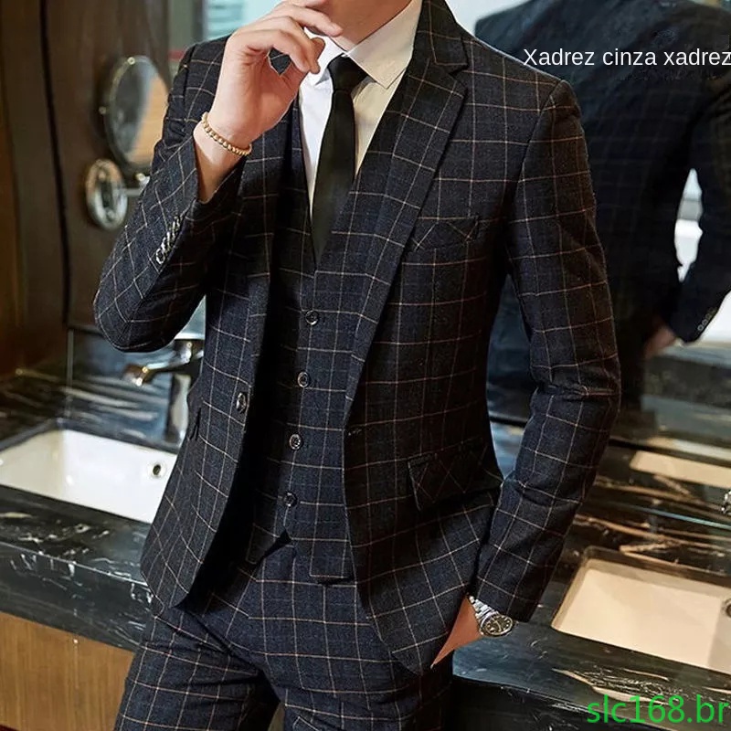 Terno Plaid Jacket Versão Coreana dos homens Slim-Fit Negócios Casual Melhor Vestido De Noivo De Noiva 34026