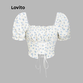 Lovito Blusa com Amarração e Acabamento de Alface em Estampa Floral Casual para Mulheres L55AD023 (Branco)