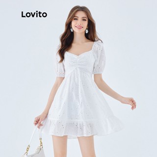 Lovito Vestido Curto Evasê Para Mulheres Casual Simples Bainha Com Babado Manga Curta L49ED093 (Branco)