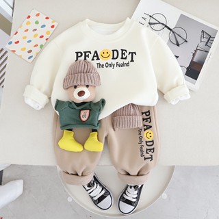 Conjuntos De Roupas Para Bebês Meninos Crianças Camiseta Espessa Meninas Algodão Sólido Manga Longa Pullover Tops + Fatos De Calças 2pcs em Oferta na Shopee
