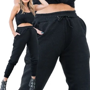 Calça Moletom Feminino Modelo Slim Para Esportes e Lazer Preto.