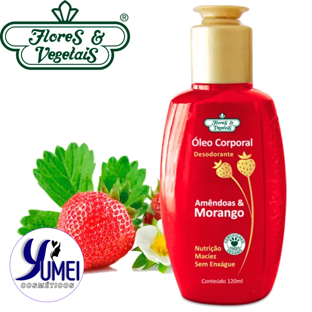 Óleo Corporal Desodorante Amêndoas e Morango Flores Vegetais 120ml em Oferta na Shopee