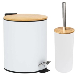 Lixeira Com Pedal Redonda Escova Metal Tampa Bambu 3L Branca em Oferta na Shopee