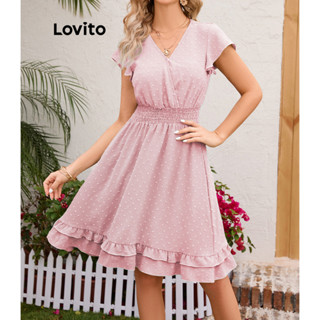 Lovito Casual Vestido Feminino Liso Bata com Bainha de Babados LNL39047 (Verde Claro/Rosa)