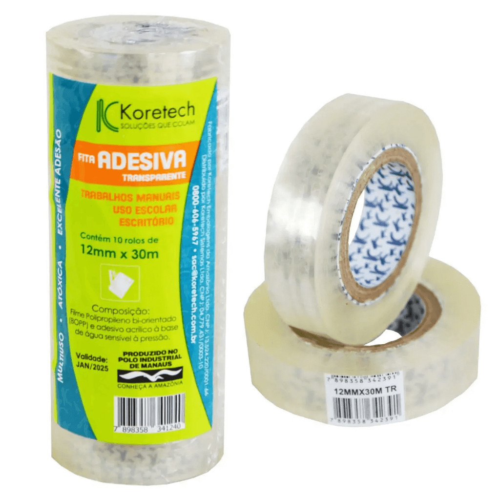 Fita Adesiva Koretech Transparente 12mm x 30m com 10 Rolos em Oferta na Shopee