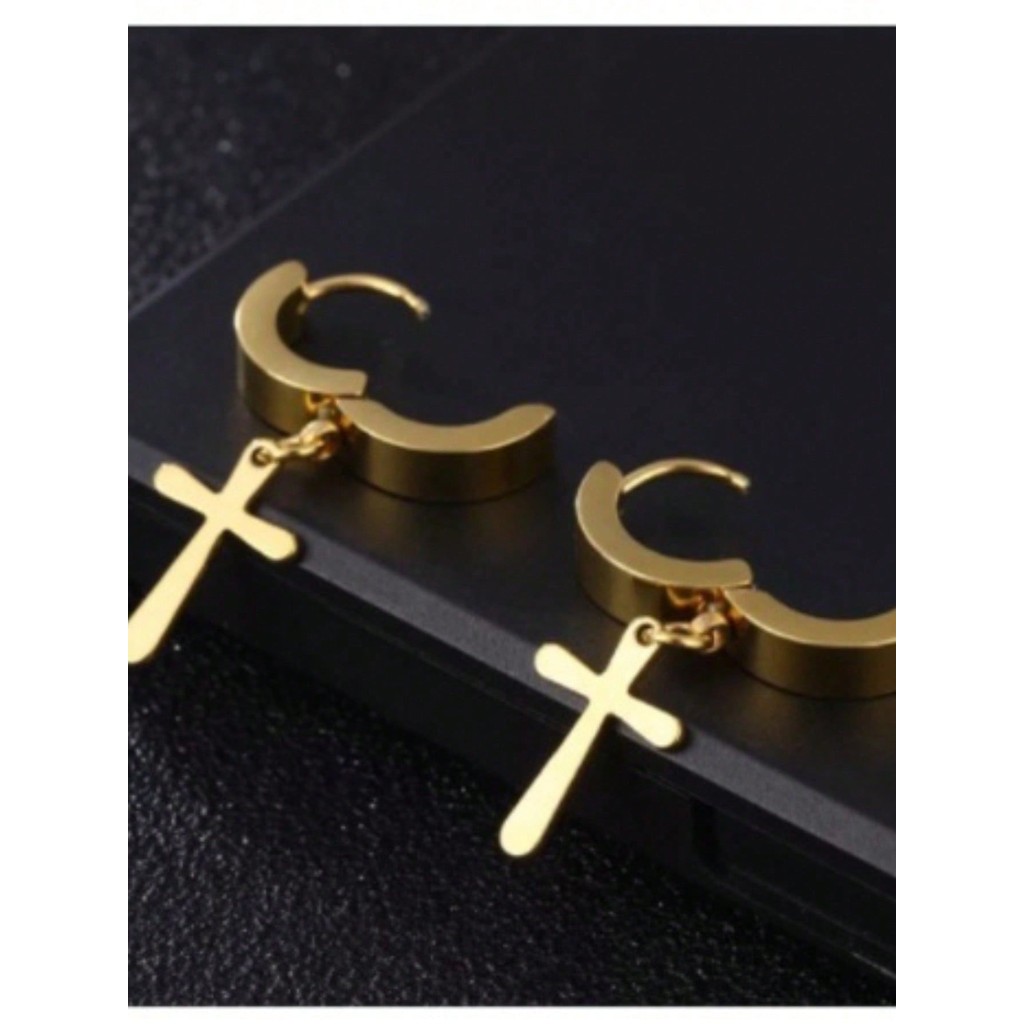 Par Brinco Dourado Aço Inox unissex masculino feminino argola com pingente cruz crucifixo Pressão Antialérgico Unissex