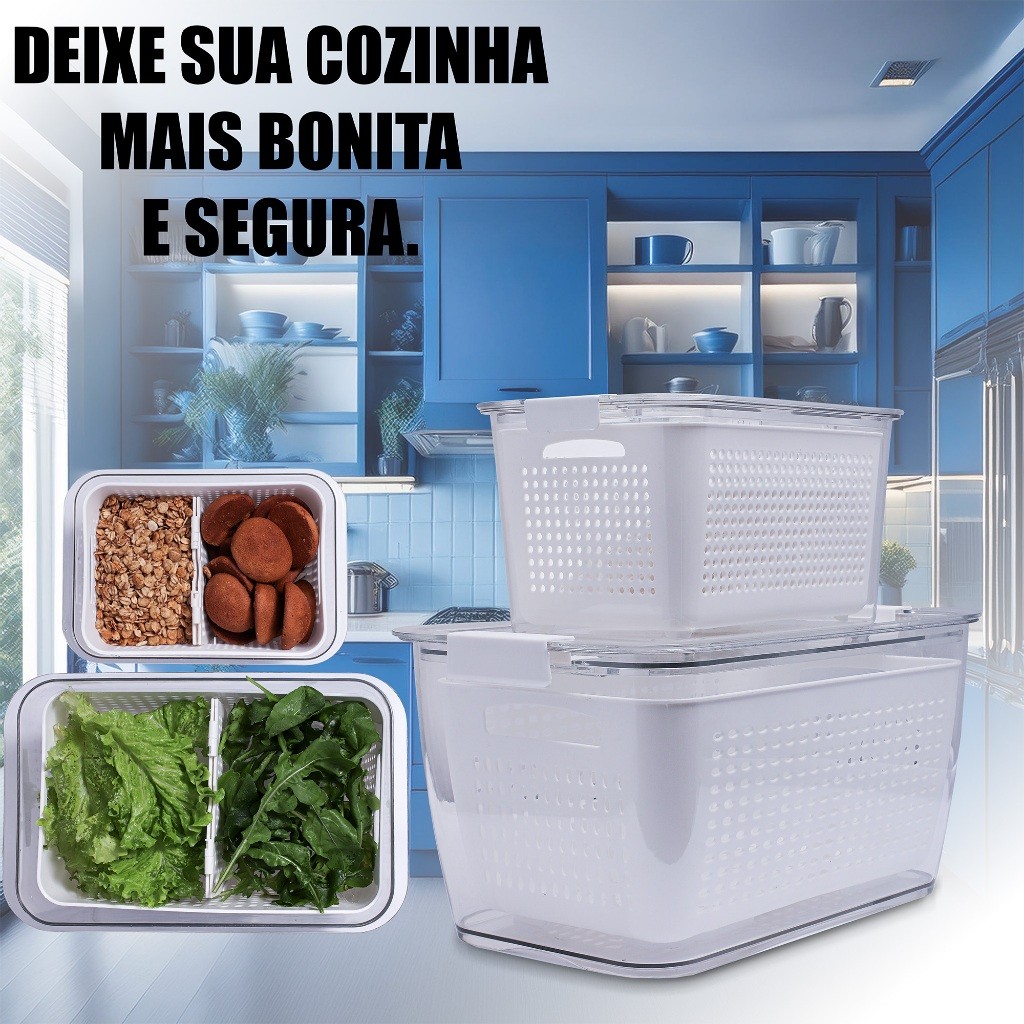 Kit 2 Potes Organizadores Herméticos Multifuncionais Com Travas de Segurança e Cesto Removível Fácil Lavagem