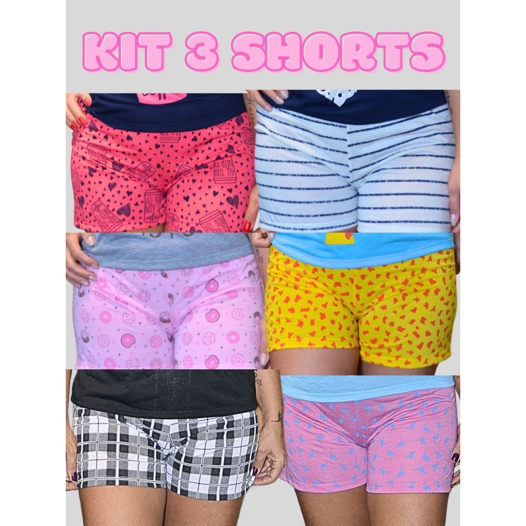 Kit com 3 Pijama Baby Doll Somente o Short Avulso Short de Malha Estampas Sortidas em Oferta na Shopee