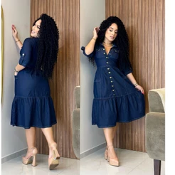Vestido Jeans Mid de Manga Moda Evangélica Rodado Soltinho