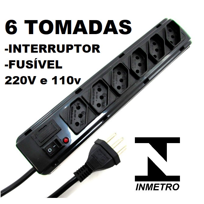 FILTRO DE LINHA RÉGUA DE 6 TOMADAS ELÉTRICAS CARREGADOR PROTETOR DE ELETROTÔNICOS PVC ANTI CHOQUE ELÉTRICO O Melhor