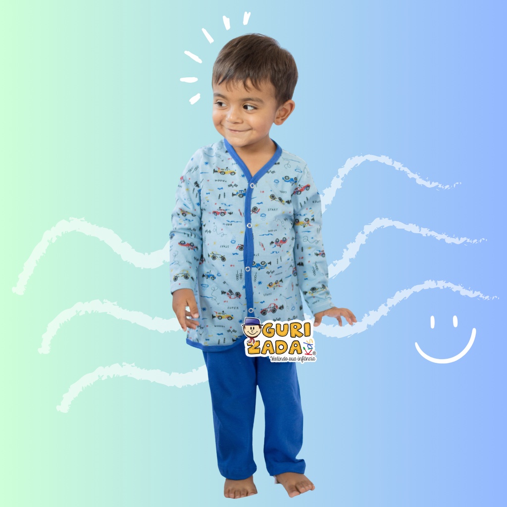 Pijama Infantil Malha Estampada com Botões Frontais Menino/Menina - 1/2/3 - Cores/Estampas Sortidas
