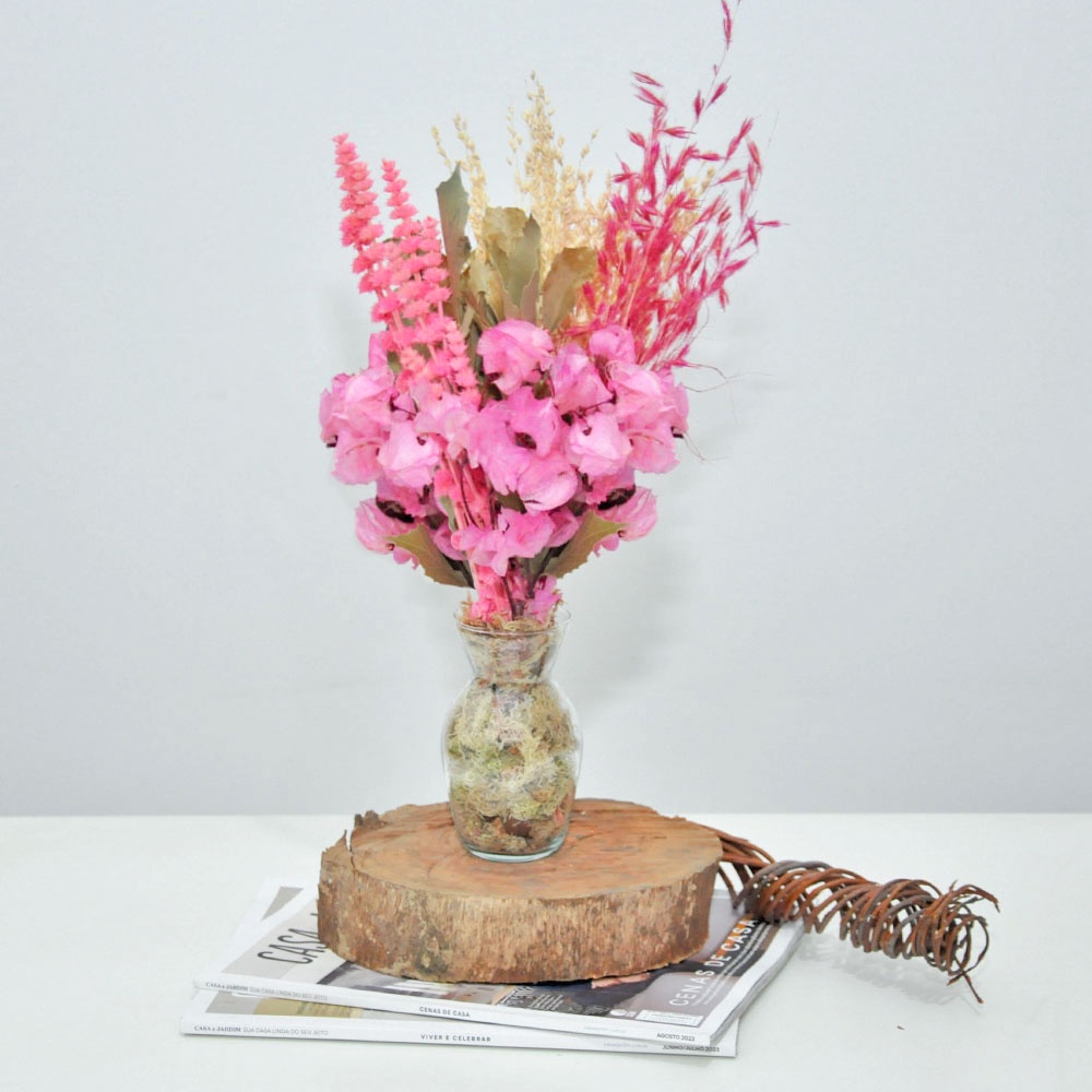 Arranjo de flores secas petit bounganville rosa + vaso de vidro centro de mesa casa