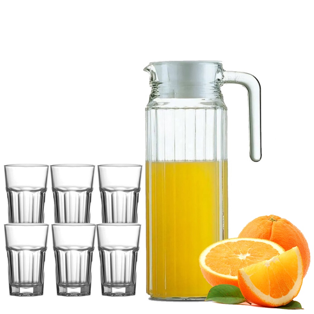 Jogo De Jarra 1l Com 6 Copos 350ml Em Vidro Para Água Suco em Oferta na Shopee
