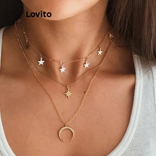 Lovito Casual Simples Colar Feminino em Formato de Estrela e Lua L63AD015 (Dourado/Prata)
