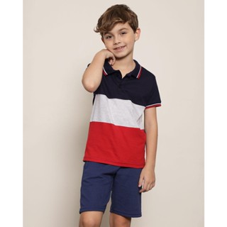 Camisa Polo Infantil Menino Recorte Frontal Gola Dobrável Manga Curta Marinho