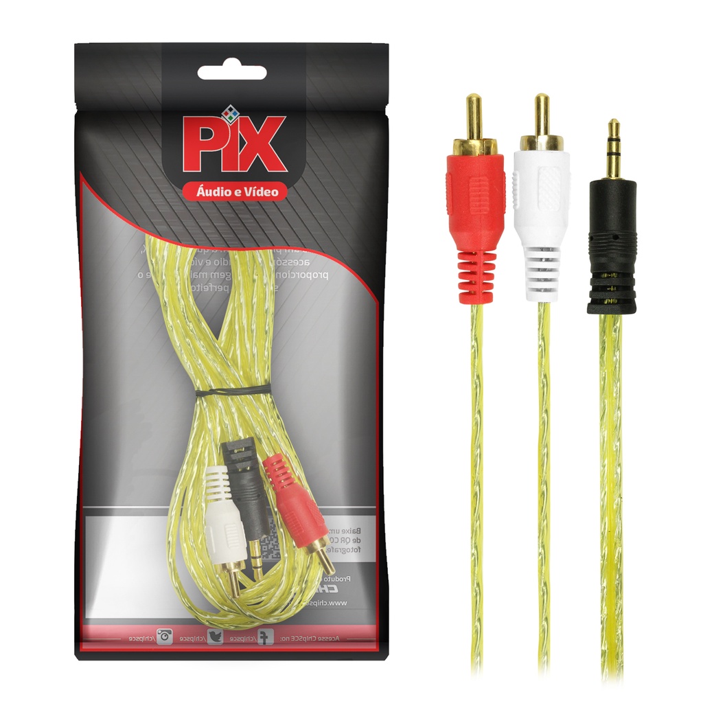 Cabo Áudio Auxiliar P2x2 Rca Carro Som Fone Smartphone 5 Mts