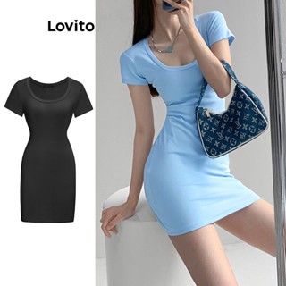 Lovito Casual Vestido Feminino Liso Básico L68ED321 (Azul/Preto)