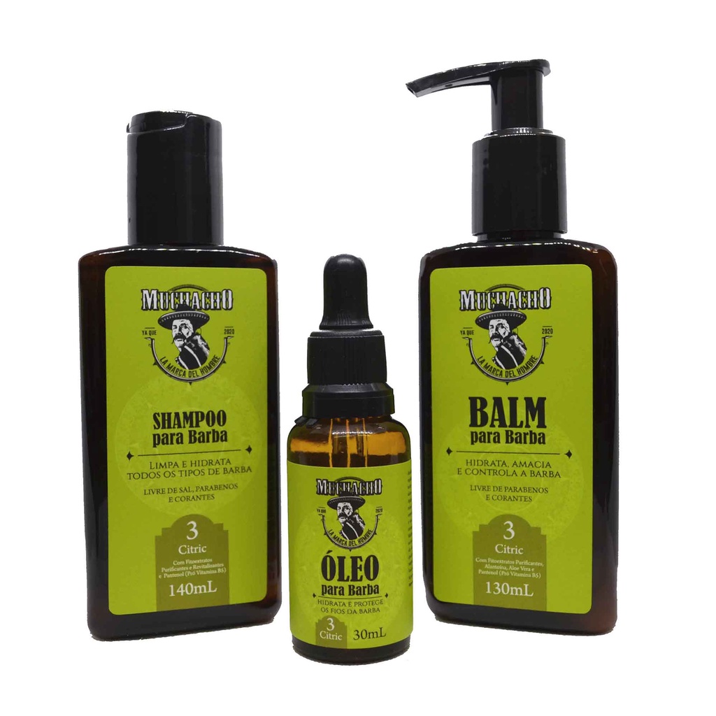 Kit Shampoo para Barba + Balm para Barba + Oleo para Barba - Muchacho Citric