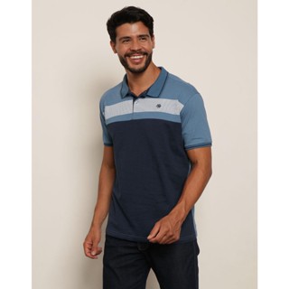 Camisa Polo Masculina Com Recortes Frontais Manga Curta Marinho