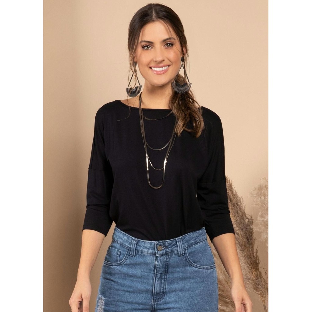 Blusa Com Mangas 3/4 Preto Quintess em Oferta na Shopee