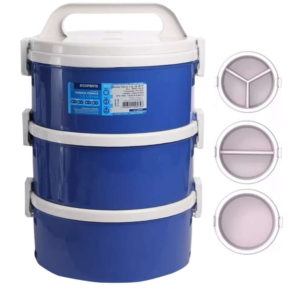 Jogo 2 Marmita Térmica 6 Peças 1,5 Litros Tekcor Azul Divisória C/ Presilha e Alça Soprano