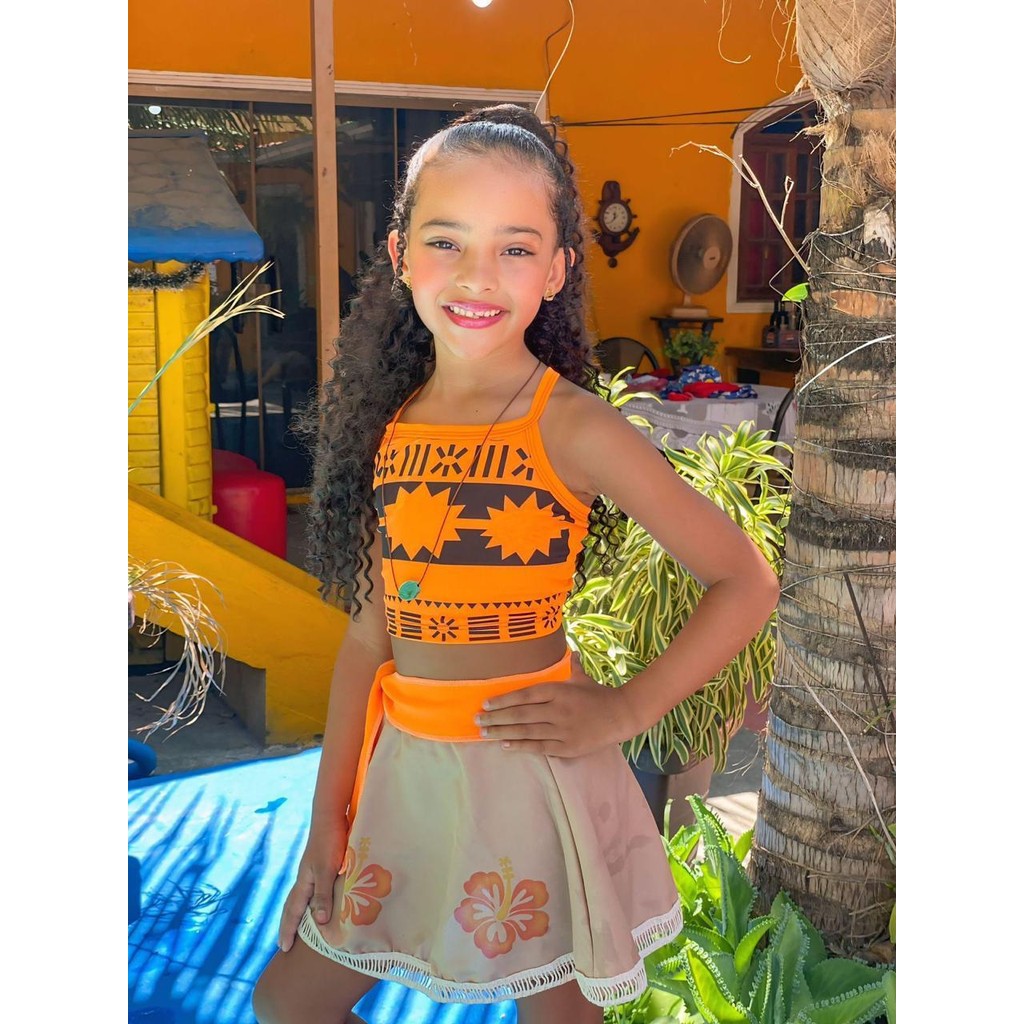 Fantasia Moana Infantil  conjunto  top e saia com Colar 1 a 8 anos