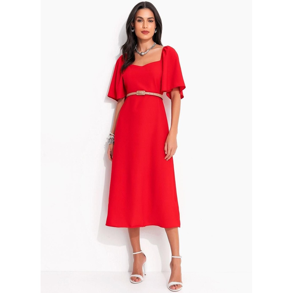 Vestido  Em Crepe Plano Vermelho Quintess em Oferta na Shopee