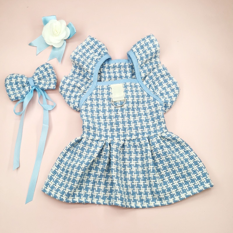 Roupas De Cachorro Azul Xadrez Para Shih Tzu Teddy Flying Sleeve Skirt Animal De Estimação Conjunto De Espartilho De Laç