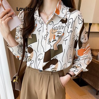 Lovito Blusa com Estampa de Padrão e Botões para Mulheres LNA19149 (Branco)