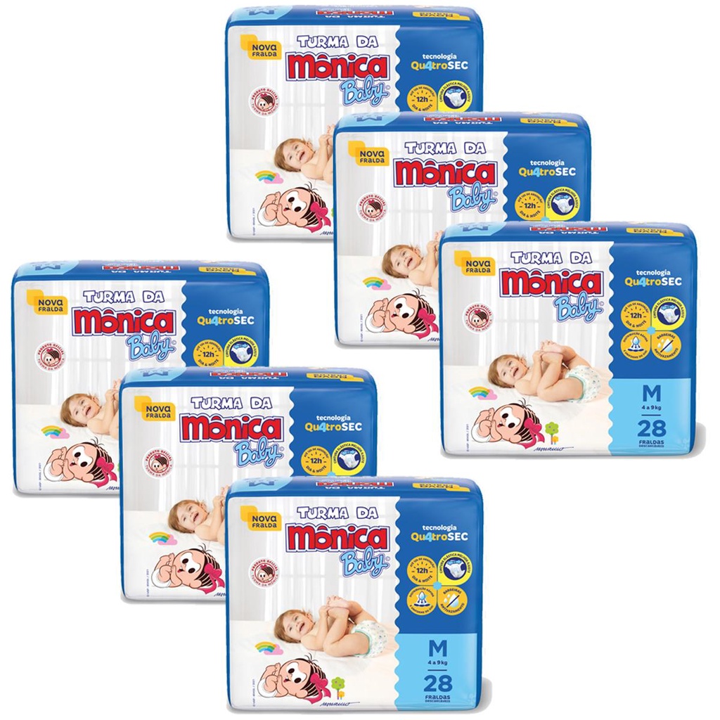 Kit 6 Fraldas Turma da Mônica Baby Jumbo M com 28un cada em Oferta na Shopee
