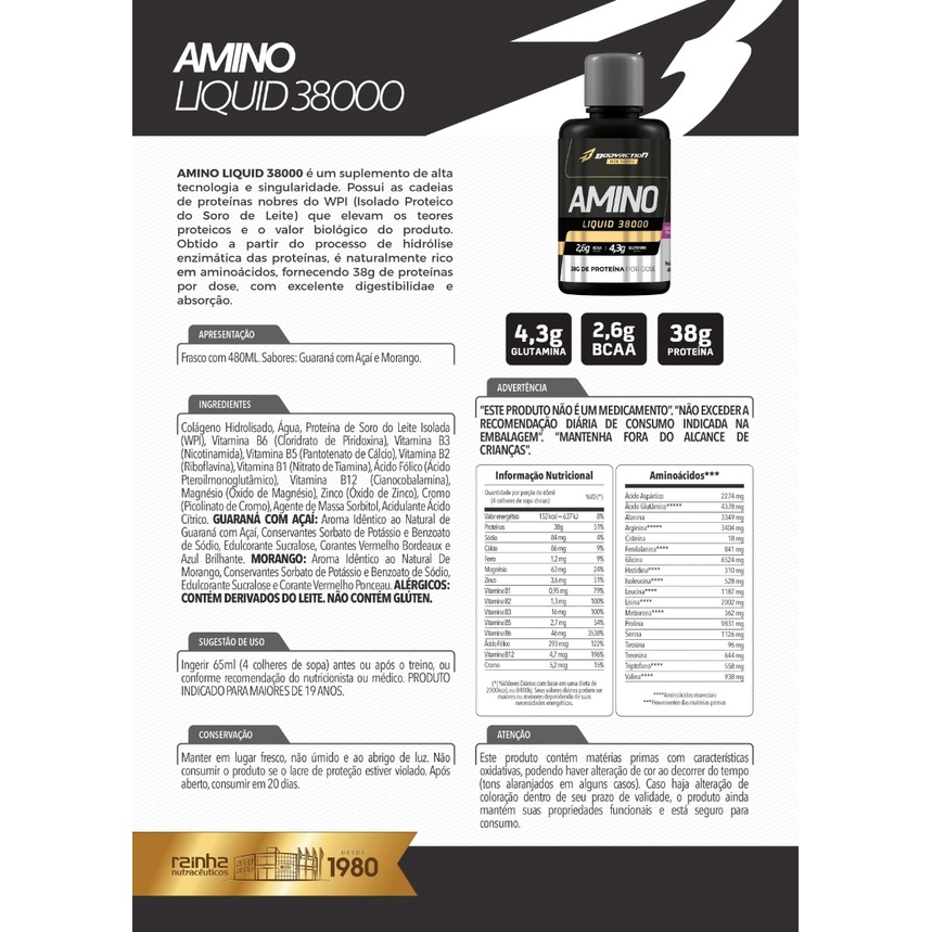Detalhes do Amino Liquid 38000 480ml 38g Proteína Dose - Bodyaction