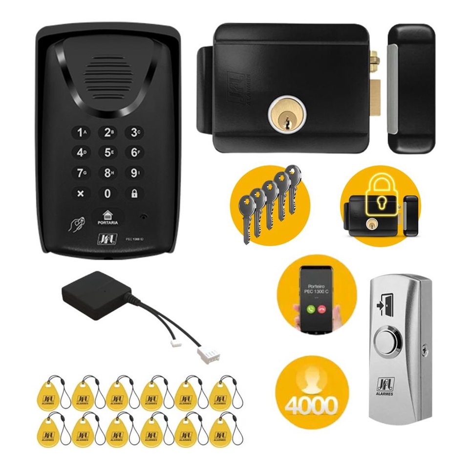 Porteiro Coletivo Condominial JFL PEC 1300: Via Chip, Tags RFID e Fechadura Elétrica Completa