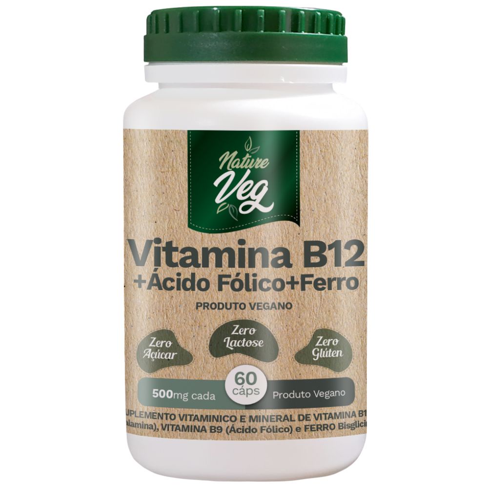 Suplemento Alimentar - Vitamina B12 + Ácido Fólico + Ferro (Produto Vegano) 60 Cápsulas 500mg