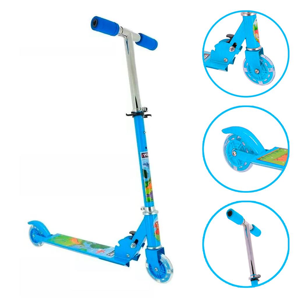 Patinete Infantil Dobravel De Dinossauro Azul Com 2 Rodas Brinquedo Divertido Scooter Altura Guidao Ajustavel Freio Traseiro Suporta Ate 35Kg - Zippy Toys