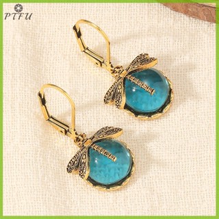 PTFU > Brincos Libélula Vintage De Moda Ouro Cor Dourada Padrão De Escultura Em Metal Gota De Pedra Da Lua Incrustados Para Jóias Femininas