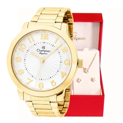 Relógio Feminino Champion Analógico Dourado Original + Conjunto Colar e Brincos CN25118W Relógio Feminino Elegante