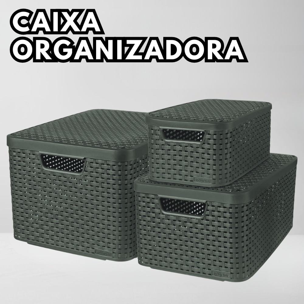 Caixa Organizadora Rattan Cesto com Tampa 7L e 15L Preta Premium Organizar Casa Escritório Cozinha Decoração Plástico Trançado